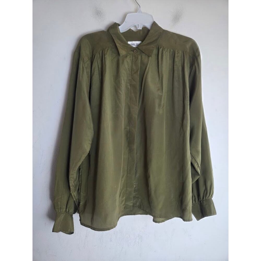 Royal Silk Women Olive Green 100% Silk Button Down Blouse size 14/US Large